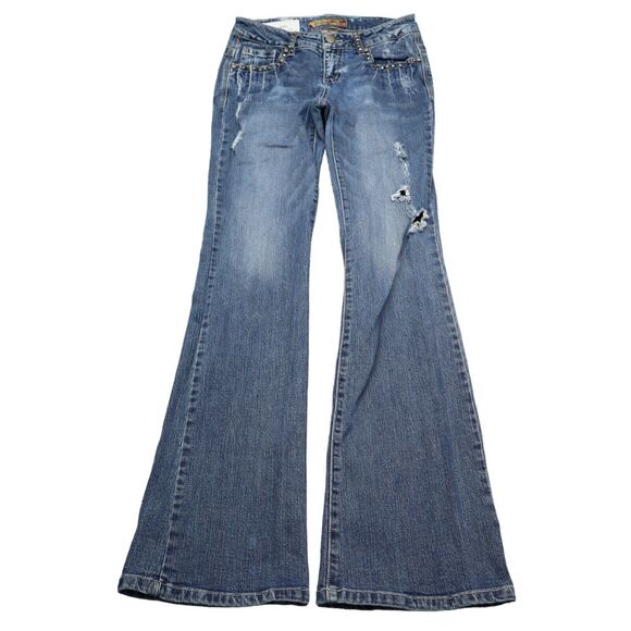 Cello Pants Womens 7 Blue Mid Rise Distressed Flared 5 Pockets Denim Jeans - Picture 1 of 16